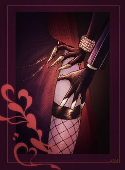Rule 34 | 2boys, bracelet, claws, commentary, dress, fishnet thighhighs, fishnets, gem, hazbin hotel, hellaverse, highres, jewelry, long dress, multiple boys, pearl (gemstone), red dress, symbol-only commentary, thigh focus, thighhighs, tortilla2144010, valentino (hazbin hotel), vox (hazbin hotel), yaoi