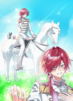 1boy alternate_costume blue_sky blush cat commentary gradient_hair green_eyes hair_between_eyes hair_intakes highres horse horseback_riding lauren_iroas long_hair long_sleeves male_focus multicolored_hair multiple_views nijisanji pants pants_tucked_in ponytail red_hair riding shirt side_ponytail sky smile toya07144 virtual_youtuber white_pants white_shirt
