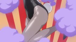 1girl amakusa_shirou_tokisada_(yaiba) animal_ears animated anime_screenshot bare_shoulders black_leotard blonde_hair blush bow bowtie breasts cleavage fake_animal_ears fake_tail genderswap genderswap_(mtf) grey_pantyhose highres leotard long_hair one_eye_closed pantyhose playboy_bunny rabbit_ears rabbit_tail red_bow red_bowtie red_eyes sidelocks smile sound tagme tail transformation video whiskers wink yaiba