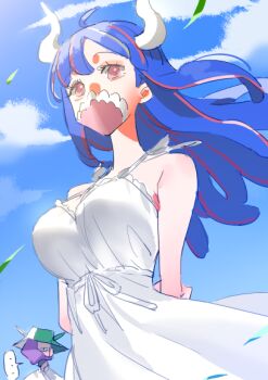 ... 1boy 1girl ahoge alternate_costume arms_behind_back bare_shoulders blue_hair blue_sky breasts brother_and_sister cloud cloudy_sky commentary dress falling_leaves hair_over_one_eye hat horns large_breasts leaf long_hair mask mouth_mask one_piece outdoors page_one_(one_piece) pink_eyes purple_hair raine_(acke2445) siblings sky spoken_ellipsis sundress symbol-only_commentary ulti_(one_piece) upper_body white_dress