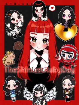 Rule 34 | 1girl, blackpink, blue eyes, blunt bangs, blush, border, brown hair, capybara, chibi, commentary request, dog, eyelashes, happy birthday, heart, helmet, highres, jennie (blackpink), looking at viewer, mole, red border, red hair, samarundao, smile, spoken heart, wings