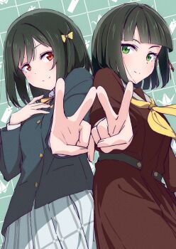 2girls ajapar black_jacket blunt_bangs blush bob_cut brown_dress character_logo closed_mouth commentary_request dress green_background green_eyes green_hair grey_skirt hair_ribbon hasu_no_sora_school_uniform highres jacket link!_like!_love_live! long_sleeves looking_at_viewer love_live! love_live!_nijigasaki_high_school_idol_club mifune_shioriko momose_ginko multiple_girls neckerchief nijigasaki_school_uniform plaid_background plaid_clothes plaid_skirt pleated_skirt red_eyes ribbon sailor_dress school_uniform short_hair skirt smile split_mouth trait_connection v winter_uniform yellow_neckerchief