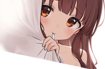 1girl bare_shoulders blush brown_hair commentary_request curtains hair_down highres idolmaster idolmaster_cinderella_girls jia_wenyuan long_hair looking_at_viewer mouth_hold ogata_chieri orange_eyes peeking_out shy solo
