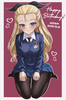 1girl aadka5 assam_(girls_und_panzer) black_pantyhose blonde_hair blue_eyes blush breasts character_name closed_mouth commentary_request dated emblem girls_und_panzer hair_ribbon happy_birthday highres long_hair looking_at_viewer medium_breasts pantyhose red_background ribbon school_uniform simple_background smile solo st._gloriana&#039;s_(emblem) st._gloriana&#039;s_school_uniform