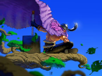 1boy arm_tattoo bandages bandages_over_eyes black_pants blue_sky borudbrian braid braided_sidelocks cape commentary english_commentary feathers fur_cape gloves highres holding holding_weapon indian_style loki_(one_piece) long_hair male_focus one_piece pants profile purple_hair sitting sky solo tattoo tears weapon