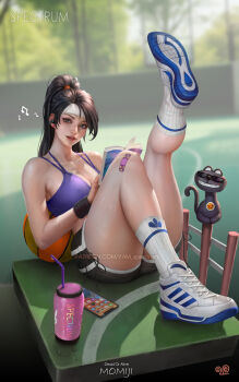 1girl armpit_crease bandaid bandaid_on_knee bandaid_on_leg black_hair black_shorts blue_sports_bra book bottle breasts cellphone cleavage collarbone drinking_straw gym_shorts headband headphones high_ponytail highres holding holding_book large_breasts leg_up listening_to_music long_hair looking_at_viewer momiji_(ninja_gaiden) ninja_gaiden parted_lips phone ponytail reading shoes shorts sitting smile sneakers socks sports_bra sportswear sweat sweatdrop table teeth very_long_hair water_bottle white_socks yam_spectrum