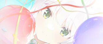 Rule 34 | 1girl, absurdres, balloon, birthday, bloom, close-up, closed mouth, commentary request, green eyes, happy birthday, highres, hizuki miu, kanelashi, shirt, smile, streamers, virtual youtuber, wactor production, white background, white hair, white shirt