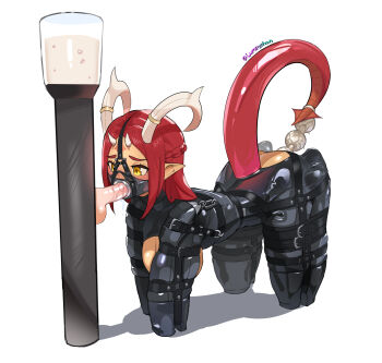 Rule 34 | 1girl, all fours, anal beads, armbinder, bdsm, bitchsuit, bodysuit, bondage, bound, braid, breasts, cum, dildo, dragon horns, dragon tail, female focus, full body, gag, gag harness, gagged, hanging breasts, highres, horns, human dog, jewelry, latex, latex bodysuit, legbinder, long hair, lumpychan, medium breasts, navara (truedoublej69), open mouth, original, panel gag, piddlefours, pointy ears, red hair, ring, ring gag, sex toy, simple background, solo, tail, white background, yellow eyes