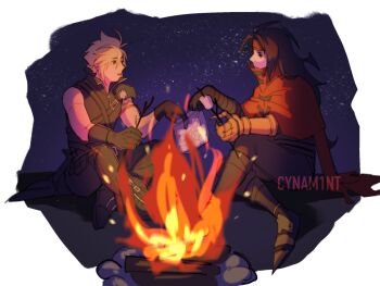 Rule 34 | 2boys, arm ribbon, armor, armored boots, artist name, black gloves, black hair, black pants, black vest, blonde hair, boots, border, campfire, clawed gauntlets, cloak, cloud strife, cynam1nt, final fantasy, final fantasy vii, final fantasy vii: advent children, full body, gloves, hair between eyes, headband, highres, long hair, male focus, multiple boys, pants, parted lips, pauldrons, pink ribbon, pointy boots, red cloak, red headband, ribbon, roasted marshmallow, short hair, shoulder armor, single bare shoulder, single pauldron, sitting, sky, spiked hair, star (sky), starry sky, talking, vest, vincent valentine, white border