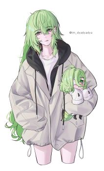 Rule 34 | 2girls, absurdres, ahoge, commentary, cropped legs, dated commentary, dyadyadya, earrings, eyepatch, green hair, highres, holding, holding mini person, honkai (series), honkai impact 3rd, jacket, jewelry, klein (honkai impact), long hair, looking at viewer, medical eyepatch, mini person, mobius (honkai impact), multiple girls, shirt, simple background, slit pupils, twitter username, very long hair, white background, white jacket, white shirt