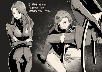 1boy 1girl bar_censor bdsm bondage bound breasts breasts_out censored chair eightyfourart fellatio female_focus female_masturbation fourtyeightart highres masturbation monochrome niijima_sae nipples no_bra oral penis persona persona_5 simple_background tagme