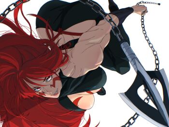 Rule 34 | 1girl, ass, bare shoulders, biceps, black pants, body markings, breasts, chain, cleavage, facial hair, fuuma kotarou (tenkaichi), hair between eyes, highres, holding, holding chain, holding weapon, kusarigama, large breasts, long hair, mattsun (lyohei), muscular, muscular female, pants, parted lips, red eyes, red hair, revealing clothes, shaded face, sickle, simple background, solo, teeth, tenkaichi nihon saikyou bugeisha ketteisen, weapon, white background