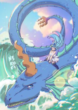 1girl absurdres aqua_(konosuba) artist_name bare_shoulders blue_eyes blue_hair boots breasts camisole cloud cloudy_sky cowgirl_position crossover dragon dragon_horns dress elma_(maidragon) floating_hair highres horns kobayashi-san_chi_no_maidragon kono_subarashii_sekai_ni_shukufuku_wo! large_breasts long_hair n3k open_mouth original signature sky straddling thigh_boots thighhighs waves white_camisole white_dress