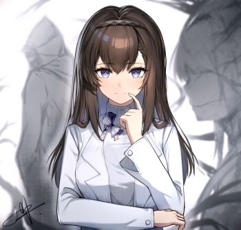 1other 2girls absurdres arknights black_hairband blurry blurry_background bow bright_pupils brown_hair character_request commentary_request diamond-shaped_pupils diamond_(shape) doctor_(arknights) finger_to_mouth hair_between_eyes hairband highres lab_coat long_hair long_sleeves looking_at_viewer multiple_girls priestess_(arknights) purple_eyes shirt signature smile solo_focus straight-on symbol-shaped_pupils turtleneck turtleneck_shirt upper_body white_pupils white_shirt xxzhou