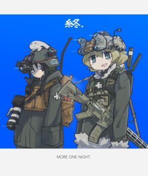 2girls :d arms_at_sides assault_rifle backpack bag black_eyes blue_background blue_eyes brown_bag camera camera_around_neck chito_(shoujo_shuumatsu_ryokou) coat cowboy_shot creature english_text field_radio fur-trimmed_coat fur_trim green_coat gun hair_between_eyes hands_in_pockets helmet highres jitome letterboxed looking_at_viewer low_twintails military military_combat_uniform military_uniform multiple_girls night_vision_device nikon_(company) nuko_(shoujo_shuumatsu_ryokou) on_head open_mouth rifle shoujo_shuumatsu_ryokou simple_background smile tactical_clothes twintails weapon yosumi_(4cornermmd) yuuri_(shoujo_shuumatsu_ryokou)