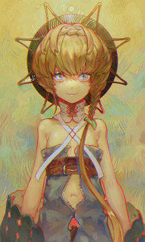 1girl armpit_crease bare_shoulders belt blue_background blue_eyes blue_overalls braid breasts brown_background brown_belt brown_hair brush_stroke closed_mouth collar commentary_request crown_braid detached_collar detached_sleeves fate/grand_order fate_(series) faux_traditional_media hair_ornament hat highres leaf_hair_ornament light_smile looking_at_viewer multiple_belts navel open_clothes overalls painting_(medium) red_pupils short_hair_with_long_locks side_braid signature small_breasts solo staring straw_hat sun traditional_media upper_body van_gogh_(fate) van_gogh_(first_ascension)_(fate) waterstaring white_collar yellow_background yellow_hat zipper zipper_pull_tab