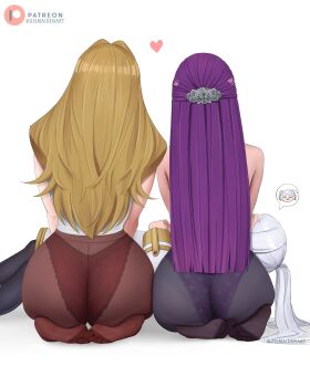 3girls absurdres ass black_pantyhose blonde_hair blue_dress blunt_ends commentary dismaiden dress english_commentary facing_away feet fern_(sousou_no_frieren) food_print frieren from_behind fruit_print grey_hair hair_ornament heart highres lace lace-trimmed_panties lace_trim lingerie long_hair lying_on_lap lying_on_person methode_(sousou_no_frieren) multiple_girls no_shoes panties pantyhose patreon_logo peach_print print_panties purple_hair red_panties red_pantyhose seiza shirt side-by-side simple_background sitting soles sousou_no_frieren toes twitter_username underwear very_long_hair white_background white_shirt