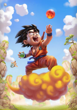 1girl 2boys absurdres bare_shoulders black_eyes black_hair blue_sky bulma chi-chi_(dragon_ball) child cliff cloud collarbone commentary_request day dougi dragon_ball dragon_ball_(object) full_body happy highres holding karate_gi looking_ahead multiple_boys oolong open_mouth outdoors pectoral_cleavage pectorals puar rodrigo_pascoal short_hair sky smile son_goku spacecraft spanish_commentary spiked_hair standing teeth toned toned_male toriyama_akira_(character) tree wristband yamcha