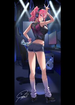 1girl absurdres aqua_nails bare_shoulders black_border black_shirt black_shoes blush border bracelet breasts chair commentary_request computer controller cutoffs denim denim_shorts from_behind full_body gal_gamer_ni_homeraretai game_controller gaming_chair geshumaro gyaru hand_on_own_hip hand_up headphones highres holding holding_controller holding_game_controller jewelry large_breasts looking_at_viewer looking_back loose_socks midriff monitor pillarboxed pink_eyes pink_hair pink_scrunchie scrunchie shirt shoes short_shorts shorts sidelocks signature sleeveless sleeveless_shirt socks solo suzuki_rion swivel_chair tongue tongue_out v white_socks wrist_scrunchie