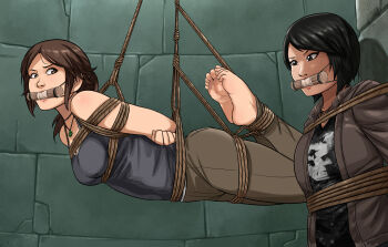 2girls arms_behind_back asian ass barefoot bdsm bit_gag black_hair bondage bound bound_ankles bound_wrists breasts brown_eyes brown_hair gag gagged highres hogtie improvised_gag lara_croft lost_one_zero medium_breasts multiple_girls samantha_nishimura tomb_raider tomb_raider_(reboot)