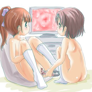 2girls ass blush body_exploration breasts censored endoscope flat_chest fukuyama_mai highres idolmaster idolmaster_cinderella_girls loli multiple_girls nararun nude object_insertion pointless_censoring pussy sasaki_chie screen small_breasts tagme vaginal vaginal_object_insertion yuri