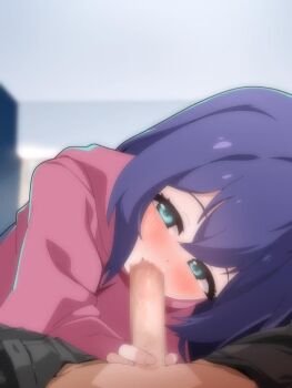 1boy 1girl animated bbaltong blue_eyes blush censored cum ejaculation erection fellatio idolmaster idolmaster_million_live! mochizuki_anna mosaic_censoring oral penis pov purple_hair ruined_orgasm tagme video