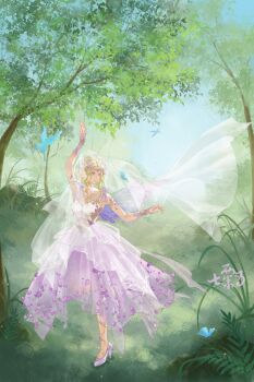 Rule 34 | 1girl, absurdres, arm up, arm warmers, blonde hair, blooming dreams (infinity nikki), blue butterfly, blue sky, bug, butterfly, chinese commentary, circlet, closed mouth, commentary request, day, dress, fairy, fairy wings, fern, forest, full body, hair bun, happy, high heels, highres, infinity nikki, insect, lace arm warmers, leg ribbon, long dress, looking to the side, nature, nikki (series), outdoors, petals, purple arm warmers, purple dress, purple eyes, purple shoes, purple wings, ribbon, rock, see-through clothes, see-through veil, settecarrot, shoes, short hair with long locks, sidelocks, single hair bun, sky, sleeveless, sleeveless dress, smile, solo, standing, stiletto heels, tree, veil, wavy hair, white veil, wind, wings