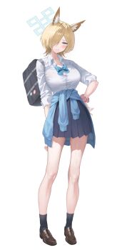 1girl absurdres alter_(kxk7357) animal_ears asuna_(blue_archive) asuna_(blue_archive)_(cosplay) asuna_(school_uniform)_(blue_archive) bag black_socks blonde_hair blue_archive blue_bow blue_bowtie blue_eyes blue_halo blue_jacket blue_skirt blush bow bowtie breasts brown_shoes clothes_around_waist collarbone commentary_request cosplay dog_ears hair_over_one_eye halo hand_on_own_hip highres jacket jacket_around_waist kanna_(blue_archive) large_breasts looking_at_viewer parted_lips pleated_skirt rectangular_halo school_bag scrunchie sharp_teeth shirt shoes short_hair skirt sleeves_rolled_up socks solo teeth thighs white_shirt wrist_scrunchie