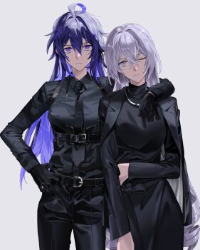 2girls absurdres ahoge alternate_costume arm_over_shoulder belt black_belt black_dress black_gloves black_jacket black_necktie black_pants black_shirt breasts bronya_rand chest_belt closed_mouth collared_shirt dress gloves grey_hair hair_between_eyes hand_on_own_hip highres honkai:_star_rail honkai_(series) jacket jacket_on_shoulders long_hair long_sleeves looking_at_viewer maka_(maka04021) medium_breasts multiple_girls necktie one_eye_closed pants purple_eyes rolling_eyes seele_(honkai:_star_rail) shirt very_long_hair