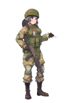 Rule 34 | 1girl, absurdres, ak-74m, ammunition pouch, assault rifle, black gloves, black hair, body armor, boots, brown eyes, camouflage, camouflage jacket, camouflage pants, cigarette, combat helmet, commission, expressionless, fluffkaiser, full body, gloves, gun, helmet, highres, holding, holding cigarette, holding gun, holding weapon, jacket, kalashnikov rifle, knee pads, long hair, military jacket, military uniform, original, pants, pouch, rifle, russian ground forces, russo-ukrainian war, shoulder pocket, simple background, smoke, soldier, solo, standing, weapon