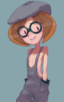 1girl black_eyes blue_background blush brown_hair character_request collarbone conoghi dreamworks flat_chest glasses grey_hat grey_overalls grin hands_in_pockets hat lizzie_(2016_cartoon) loli looking_at_viewer naked_overalls overalls short_hair smile standing teeth