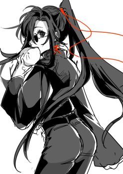 Rule 34 | 1boy, ahoge, alternate costume, amana raika, ass, belt, commentary request, contemporary, cowboy shot, eating, eyelashes, food, from behind, greyscale, hair ribbon, holding, holding food, jacket, long hair, long sleeves, looking at viewer, looking back, male focus, modao zushi, monochrome, pants, ponytail, red ribbon, ribbon, sidelocks, simple background, sketch, sleeves past wrists, solo, spot color, steamed bun, sunglasses, very long hair, wei wuxian, white background, wide sleeves