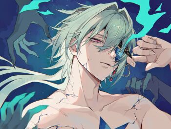 1boy anaxa_(honkai:_star_rail) arm_up collarbone colored_skin commentary cracked_skin curtained_hair fingernails floating_hair hair_between_eyes highres honkai:_star_rail honkai_(series) looking_down male_focus missing_eye niilsesu nude pink_eyes sharp_fingernails solo star_(sky) upper_body