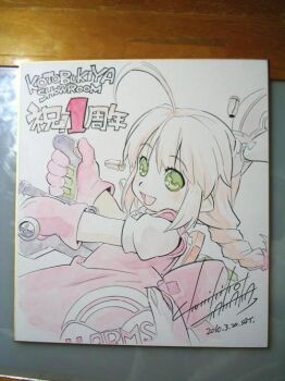 1girl 2010 :d ahoge apron artist_name bolt_(hardware) bow braid braided_ponytail dated dress gloves green_eyes gun hair_tie heavy_arms_hoihoi-san hoihoi-san holding holding_gun holding_weapon ichigeki_sacchuu!!_hoihoi-san long_hair looking_at_viewer low-braided_long_hair low-tied_long_hair open_mouth photo_(medium) pink_apron pink_gloves pink_hair puffy_short_sleeves puffy_sleeves robot_girl shell_casing shikishi short_sleeves sidelocks signature single_braid smile solid_circle_eyes solo tanaka_kunihiko tongue traditional_media translation_request upper_body weapon white_bow white_dress