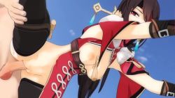 1boy 1girl 3d animated beidou_(genshin_impact) black_footwear black_gloves black_thighhighs blender_(medium) boots bottomless bouncing_breasts breasts breasts_out brown_hair capelet chinese_clothes cleft_of_venus colored_eyepatch eyepatch fur_trim genshin_impact gloves hair_ornament hairpin hetero highres kallenz leg_grab leg_lift long_hair looking_at_another looking_back medium_breasts nipples one_eye_covered outdoors pirate pussy red_capelet red_eyes sex sky sound tagme tassel testicles thighhighs thighhighs_under_boots vaginal video