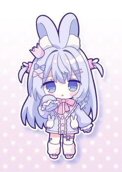 1girl animal_ear_fluff animal_ears blue_eyes blue_hair blurry blurry_background blush_stickers bow bowtie cardigan chibi chibi_only commentary commission crown drop_shadow full_body gradient_background hair_bow hair_ornament hairclip hashtag-only_commentary highres long_hair looking_at_viewer mini_crown nakkar o-ring o-ring_thigh_strap open_mouth original outline parallel_hairclips pink_background pink_bow pink_bowtie pink_crown pink_shoes pink_socks polka_dot polka_dot_background purple_cardigan rabbit_ears rabbit_girl shoes skeb_commission sleeves_past_fingers sleeves_past_wrists socks solo standing thigh_strap twitter_username two_side_up white_outline