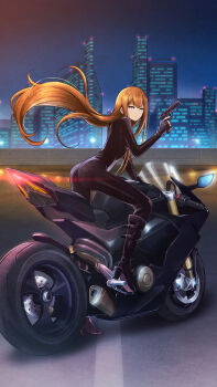 Rule 34 | 1girl, archived source, ass, belt boots, biker clothes, bikesuit, black bodysuit, black boots, black gloves, blue eyes, bodysuit, boots, brown hair, city, fingerless gloves, floating hair, game cg, gloves, gun, hair between eyes, handgun, high heel boots, high heels, highres, holding, holding gun, holding weapon, huke, knee boots, long hair, looking at viewer, makise kurisu, motor vehicle, motorcycle, night, official alternate costume, official art, on motorcycle, science adventure, sky, solo, steins;gate, third-party source, weapon, wind