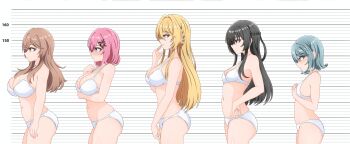Rule 34 | 5girls, absurdres, amaori renako, bikini, black hair, blue hair, braid, breasts, brown eyes, brown hair, bust chart, cleavage, female focus, highres, koto satsuki, koyanagi kaho, lineup, long hair, multiple girls, navel, numbered, ouzuka mai, pink hair, seizayukio, sena ajisai, sideboob, small breasts, swimsuit, watashi ga koibito ni nareru wake naijan murimuri!, white bikini, yellow eyes
