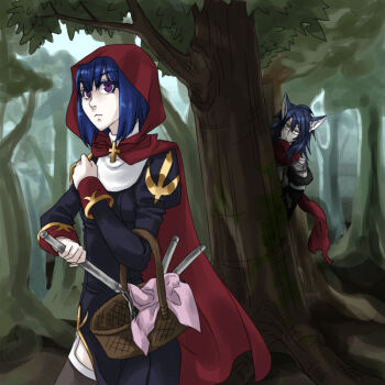 1boy 1girl animal_ears assassin_cross_(ragnarok_online) basket black_dress black_shirt blue_hair brown_thighhighs cloak commentary_request cosplay dress elbow_carry eremes_guile forest garter_straps holding holding_basket holding_nunchaku holding_weapon hood hood_up hooded_cloak kemonomimi_mode little_red_riding_hood_(fairy_tale) little_red_riding_hood_(fairy_tale_character) little_red_riding_hood_(fairy_tale_character)_(cosplay) long_hair nature nunchaku outdoors peeking_out priest_(ragnarok_online) purple_eyes ragnarok_online red_cloak red_scarf scarf shirt thighhighs toriria tree weapon wolf_boy wolf_ears