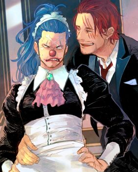 2boys apron arm_around_waist ascot black_suit black_vest blue_eyes blue_hair bone breast_pocket buggy_the_clown buttoned_cuffs buttons clown clown_nose collared_dress collared_shirt commentary cowboy_shot crossdressing crossdressing_(mtf) dress dress_shirt eye_contact facial_tattoo formal_clothes frilled_sleeves frills gem green_gemstone hair_slicked_back highres indoors jacket juliet_sleeves lapels layered_clothes lipstick long_hair long_sleeves looking_at_another looking_to_the_side maid maid_apron maid_headdress makeup male_focus male_maid multiple_boys multiple_scars musubi_rolling necktie one_piece pink_ascot pocket pocket_square ponytail puffy_sleeves red_eyes red_hair red_necktie red_nose scar scar_across_eye scar_on_face shanks_(one_piece) shirt sideways_glance sleeve_cuffs suit suit_jacket sweat sweatdrop tattoo two-sided_fabric two-sided_jacket vest white_apron white_shirt