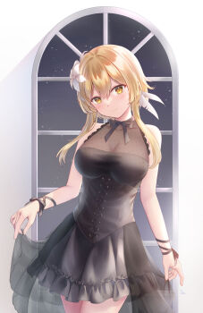1girl bare_shoulders black_bow black_bowtie black_dress black_ribbon blonde_hair blush bow bowtie breasts cleavage closed_mouth collarbone cowboy_shot dress feather_hair_ornament feathers flower genshin_impact hair_flower hair_ornament head_tilt highres large_breasts long_hair looking_at_viewer lumine_(genshin_impact) medium_breasts night ribbon sebu_illust see-through_clothes see-through_cleavage short_dress short_hair_with_long_locks sidelocks skirt_hold sleeveless sleeveless_dress smile solo star_(sky) train_(clothing) white_background white_flower window wrist_ribbon yellow_eyes