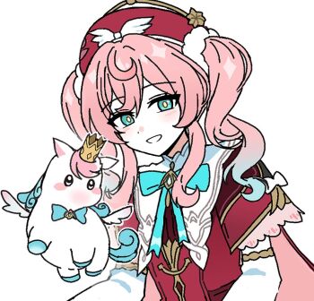 1girl aqua_bow aqua_bowtie aqua_eyes aqua_hair beret bow bowtie crown drill_hair gradient_hair grin hat honkai:_star_rail honkai_(series) hyacine_(honkai:_star_rail) jacket light_blush little_ica_(honkai:_star_rail) lix_(iroiro3843) looking_at_viewer medium_hair mini_crown multicolored_hair pink_hair red_hat red_jacket sidelocks simple_background smile solo twin_drills twintails upper_body white_background