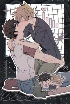 ! 2boys adam's_apple baseball_cap biting biting_cheek black_shirt blue_oak blue_pants brown_eyes brown_hair capri_pants chibi closed_mouth collared_shirt commentary_request denim green_pants hat head_back highres jeans kiss kneeling looking_at_viewer male_focus multiple_boys nintendo open_collar pants parted_bangs pk_rgr96 pokemon pokemon_sm red_(pokemon) red_hat shirt short_hair short_sleeves sitting speech_bubble spiked_hair spoken_exclamation_mark t-shirt unworn_hat unworn_headwear wing_collar yaoi