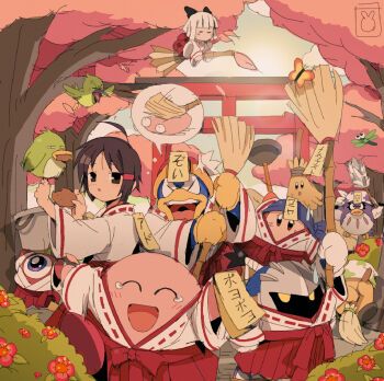 :d :o ^_^ adeleine ahoge anger_vein angry arm_up bamboo_broom bandana bandana_waddle_dee bendedede bird bird_on_hand blue_bandana blue_headscarf blue_sky blunt_bangs blush broom broom_hatter broom_riding brown_eyes brown_hair bucket bug bush butterfly capiller_(kirby) cherry_blossoms closed_eyes cloud commentary coo_(kirby) day dragonfly duster english_commentary feather_duster flower haboki hair_ornament hairclip hakama hand_up hat headscarf highres holding holding_broom holding_bucket holding_duster holding_plunger insect japanese_clothes keke_(kirby) kimono king_dedede kirby kirby_(series) laughing long_sleeves looking_at_viewer mask meta_knight miko nintendo ofuda ofuda_on_head one-eyed open_mouth outdoors parted_bangs pitch_(kirby) plunger red_flower red_hakama red_headwear ribbon-trimmed_clothes ribbon_trim short_hair sky smile speech_bubble standing star_(symbol) star_print sun sweatdrop tearing_up teeth tokkori_(kirby) torii tree upper_teeth_only waddle_doo white_hair white_headscarf white_kimono wide_sleeves yellow_eyes