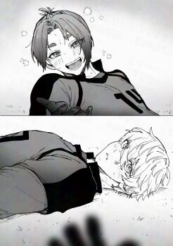 2boys adversarial_noise blue_lock blush commentary_request greyscale high_ponytail highres looking_at_another lying messy_hair mikage_reo monochrome multiple_boys nagi_seishirou naka_(58hrprtr) on_grass ponytail reaching reaching_towards_another short_hair smile soccer_uniform sparkle sportswear sweatdrop wide-eyed yaoi