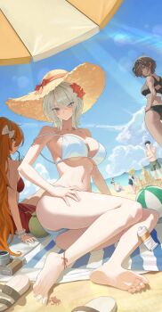 2boys 5girls absurdres beach beach_towel beach_umbrella bikini black_sports_bra blue_eyes bow breasts brown_hair building_sand_sculpture camera cantaloupe character_request dark-skinned_female dark_skin day dolgom don_quixote_(project_moon) drinking_straw faust_(project_moon) feet food fruit green_eyes hair_bow highres ishmael_(project_moon) limbus_company long_hair lotion melon meursault_(project_moon) multiple_boys multiple_girls ocean orange_hair outdoors outis_(project_moon) planted planted_umbrella project_moon rodion_(project_moon) sand sand_castle sand_sculpture sandals short_hair sinclair_(project_moon) sky sports_bikini sports_bra striped_towel sunscreen swimsuit towel umbrella unworn_sandals very_long_hair white_bikini white_hair