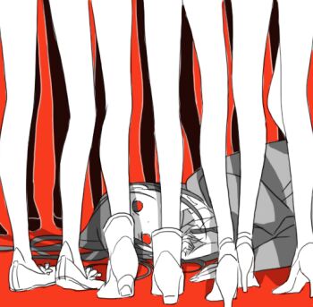 Rule 34 | 6+girls, bare legs, boots, bullying, cage, clenched hand, coat, commentary, flats, food, from behind, grey coat, grey hair, hand on ground, high heel boots, high heels, legs, looking at object, lower body, lying, multiple girls, no socks, original, pocky, red background, red eyes, school uniform, shadow, shirt, shoes, shokugyo, surrounded, surrounded by feet, white shirt