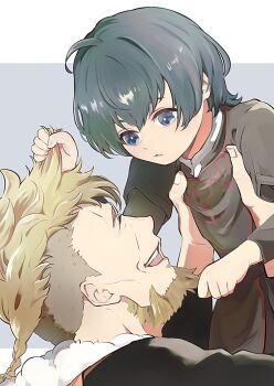 2boys aged_down beard black_shirt blonde_hair blue_eyes blue_hair braid carrying carrying_person child closed_eyes closed_mouth commentary_request facial_hair father_and_son fire_emblem fire_emblem:_three_houses highres jeralt_reus_eisner long_hair looking_at_another male_byleth_(fire_emblem) male_focus multiple_boys nintendo open_mouth shirt short_hair smile teeth un_faro upper_teeth_only
