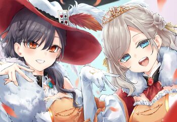 Rule 34 | 2girls, a deru note, bare shoulders, black hair, blue background, blue eyes, breasts, ceras yanagida lilienfeld, cleavage, commentary, double bun, dress, edel note, edelinien, elbow gloves, falling petals, feathers, fur-trimmed dress, fur trim, gloves, gold tiara, grey hair, grin, hair bun, hair ribbon, hat, hat feather, highres, katsuragi izumi, looking at viewer, love live!, love live! hasu no sora jogakuin school idol club, medium breasts, mendo (mend0o0), multiple girls, open mouth, orange eyes, orange petals, petals, red feathers, red hat, ribbon, smile, teeth, tongue, two-sided fabric, two-sided headwear, upper body, upper teeth only, virtual youtuber, white feathers, white gloves, white hat, yellow ribbon