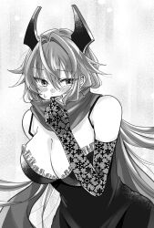 Rule 34 | 1girl, alternate costume, blush, breasts, chaps, cleavage, dress, elbow gloves, gloves, goddess of victory: nikke, greyscale, hair between eyes, headgear, horns, kyouhanechaou, large breasts, long hair, mechanical horns, monochrome, red hood (nikke), scarf, solo, sweatdrop, very long hair